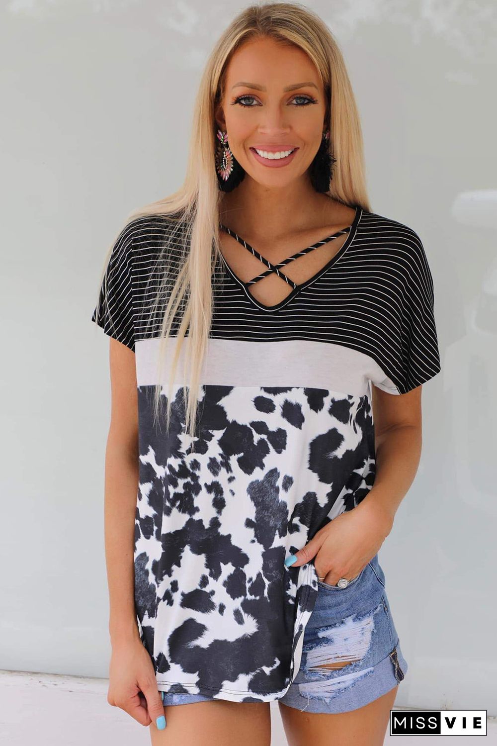 Striped Cow Print Color Block Criss Cross Short Sleeve T-shirt