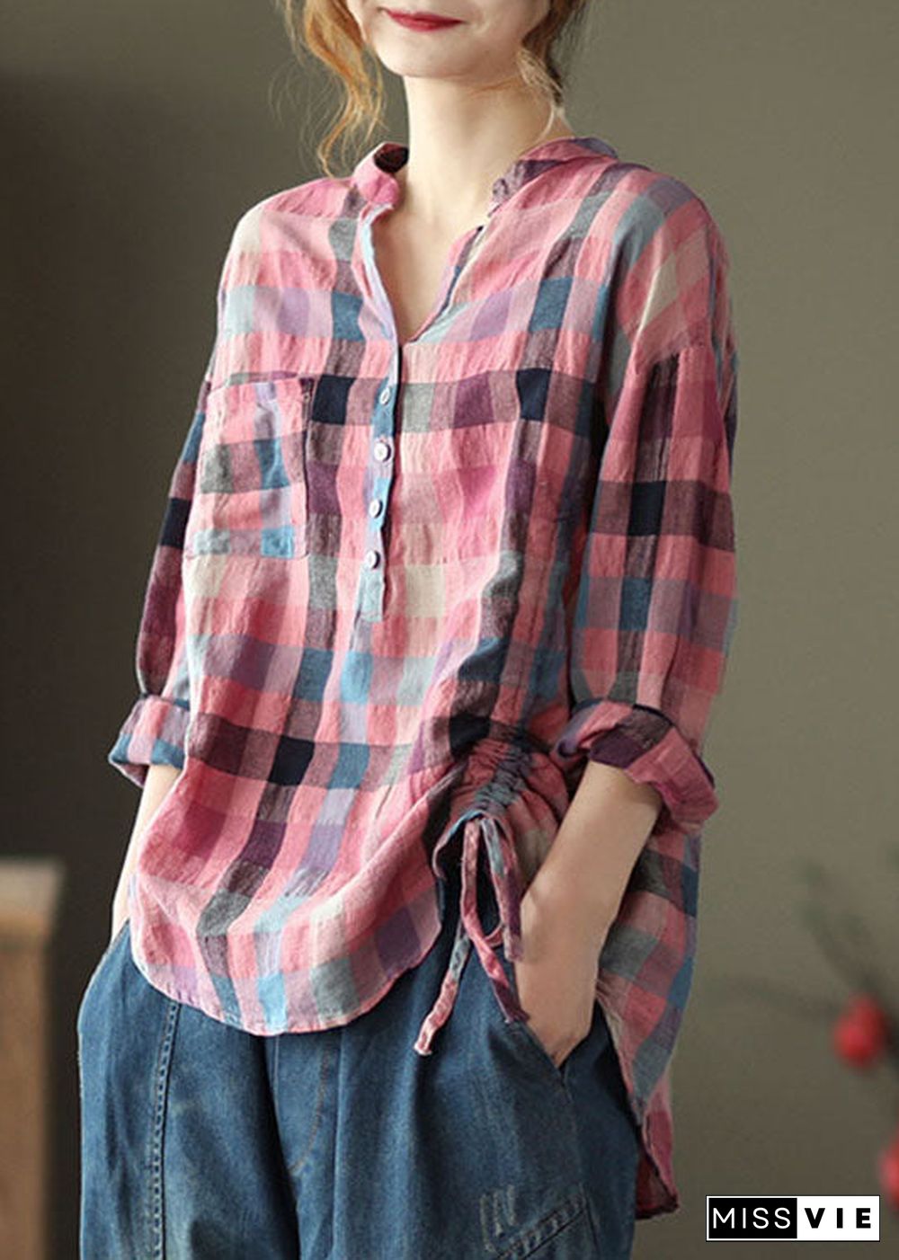 French Pink retro Plaid Button Fall Shirts Long sleeve