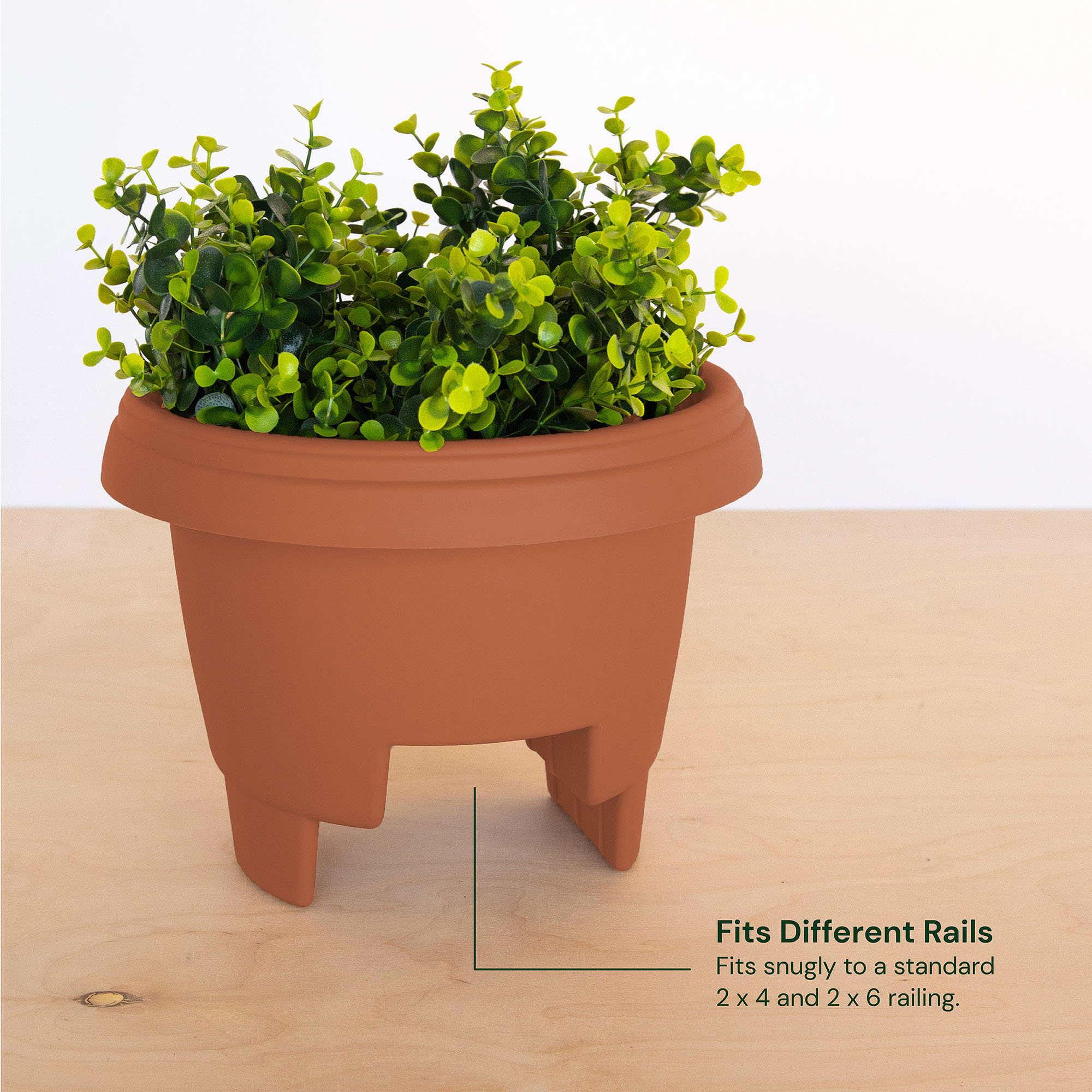 Bloem Modica Deck Rail Round Planter: 12" - Terra Cotta - Matte Finish, Fits Rail Sizes 3"-3.75", Durable Resin Pot, For Indoor and Outdoor Use, Gardening, 2 Gallon Capacity