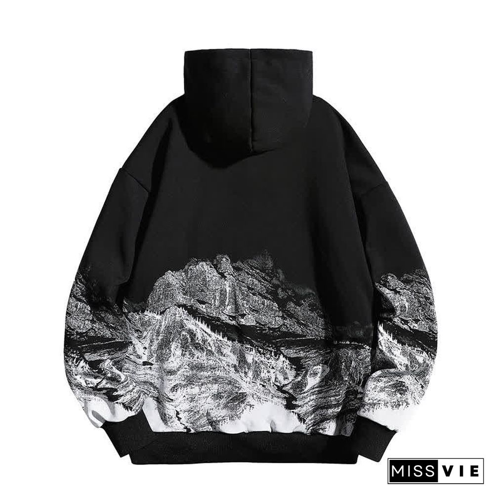 Retro Mountain Print Long Sleeve Loose Hoodie