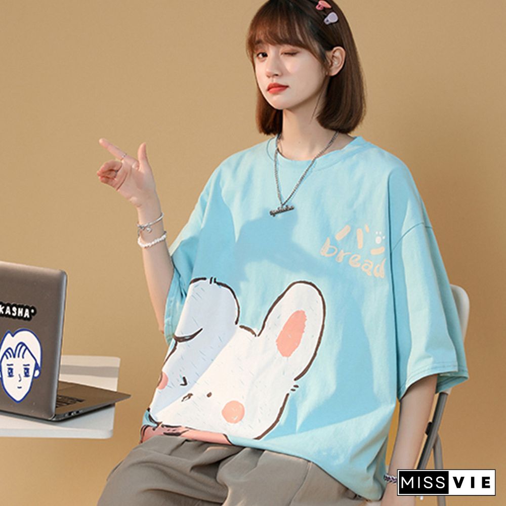 Cartoon Bunny Print Round Collar Casual T-Shirt