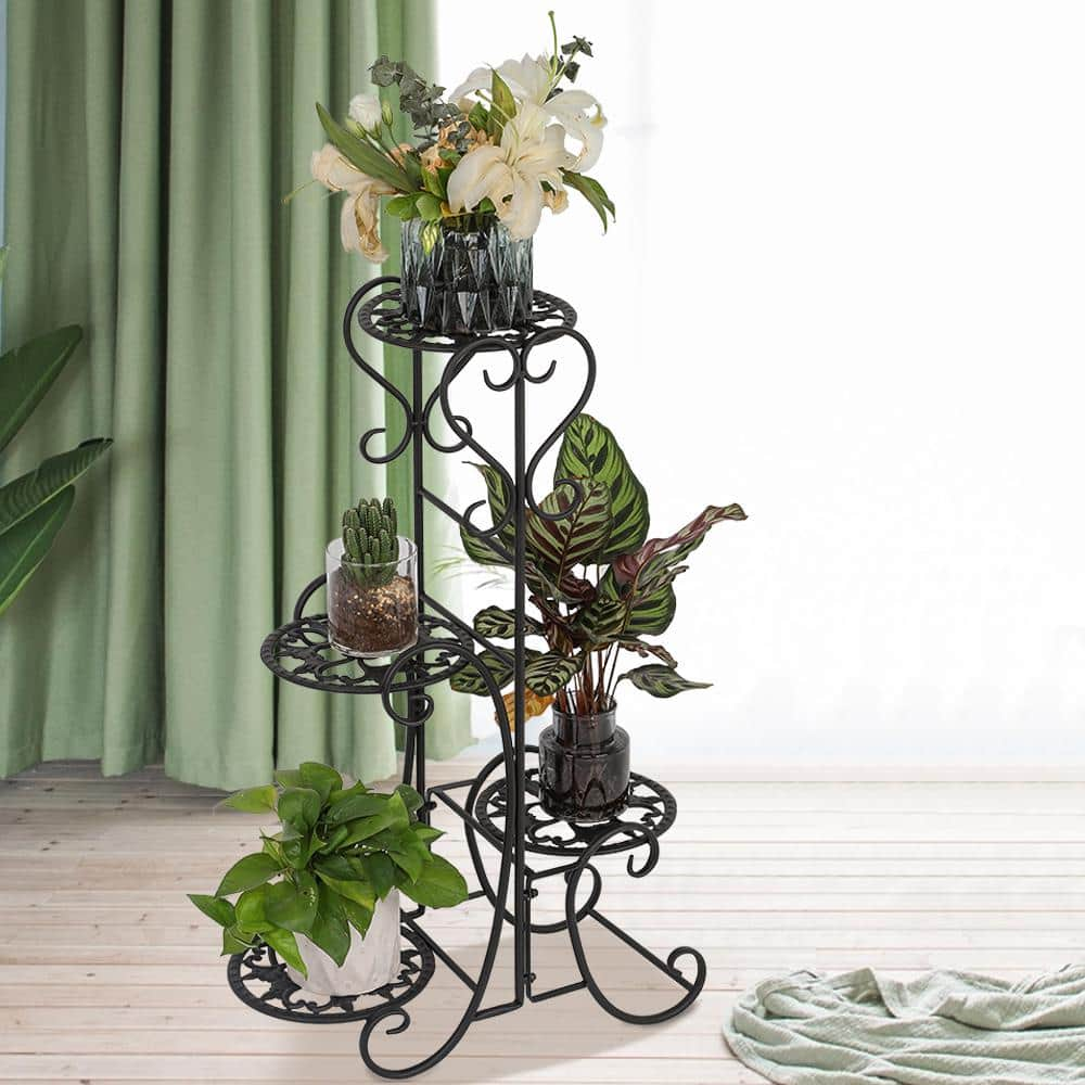 Karl home 32.28 in. Tall Indoor Outdoor Black Metal Shelves Plant Pot Stand 772695161495