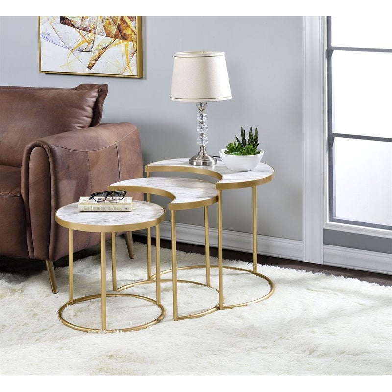 3Pc Pack Nesting Tables， Faux Marble and Gold