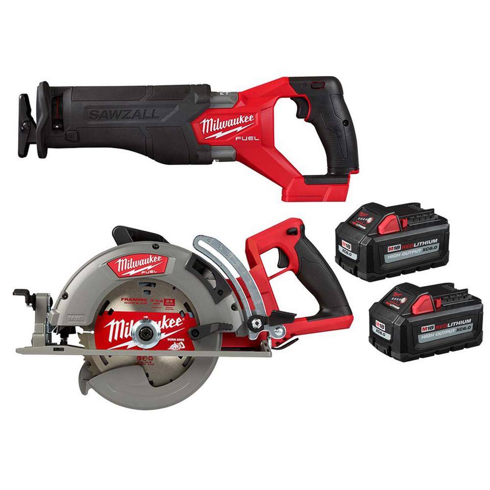 MW M18 FUEL 18-Volt Lithium-Ion Brushless Cordless SAWZALL w7-14 in. Rear Handle Circ Saw Two 6 Ah High Output Batteries 2821-20-2830-20-48-11-1862