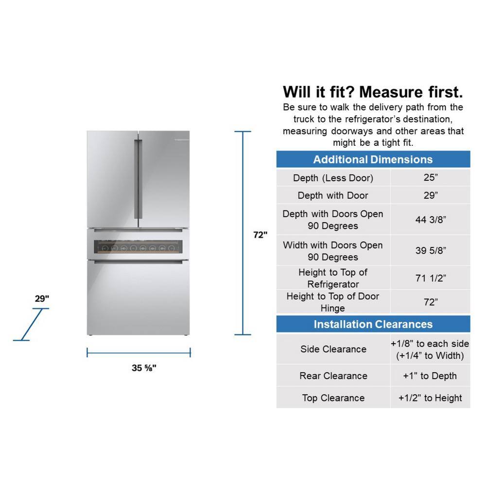 Bosch 800 Series 36 in. 21 cu. ft. Smart Counter Depth French Door Refrigerator in Stainless Steel with Beverage Cooler Drawer B36CL81ENG