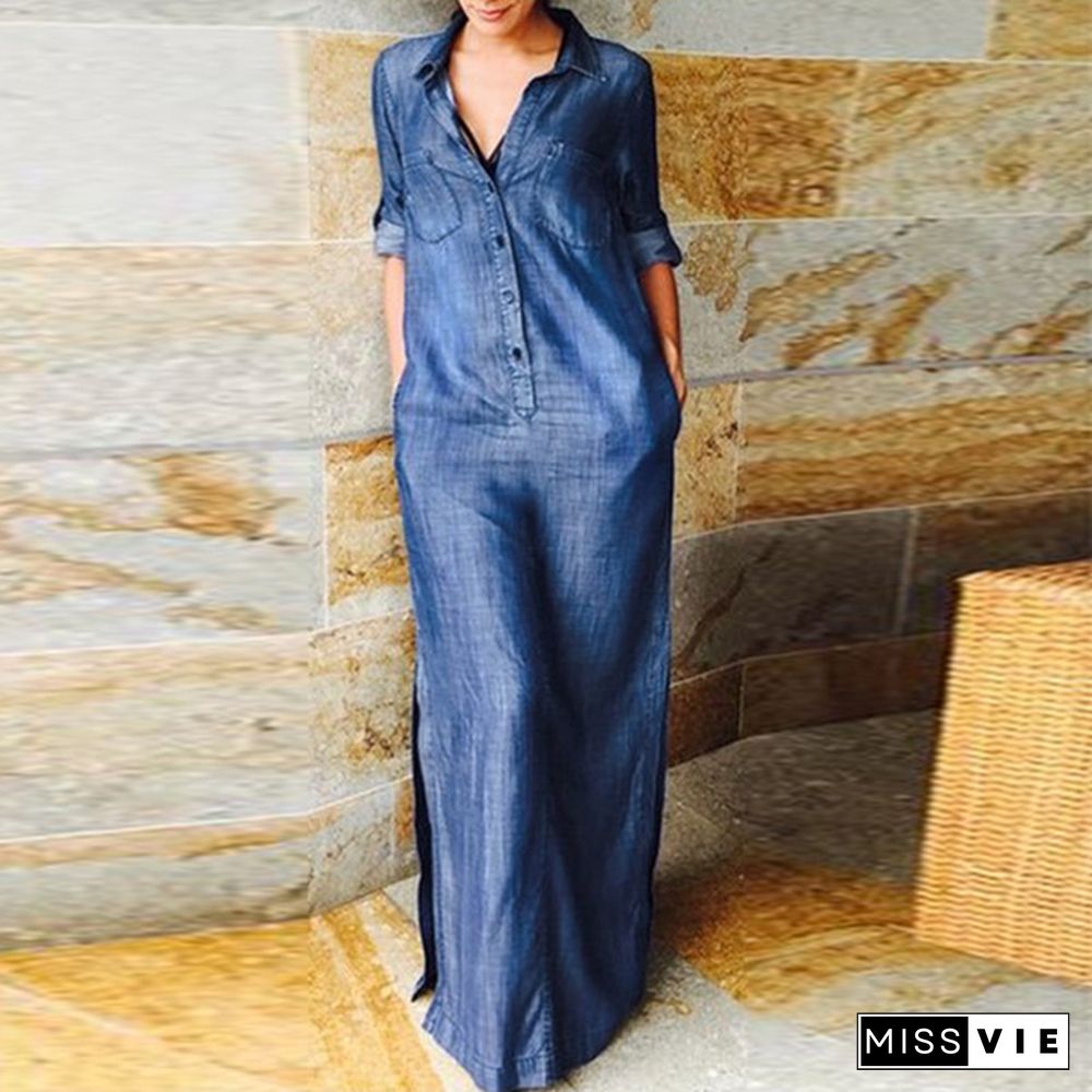 Plus Size Women Long Sleeve Lapel Button Up Denim Shirt Dress Fashion Holiday Party Maxi Dresses Robes Femmes