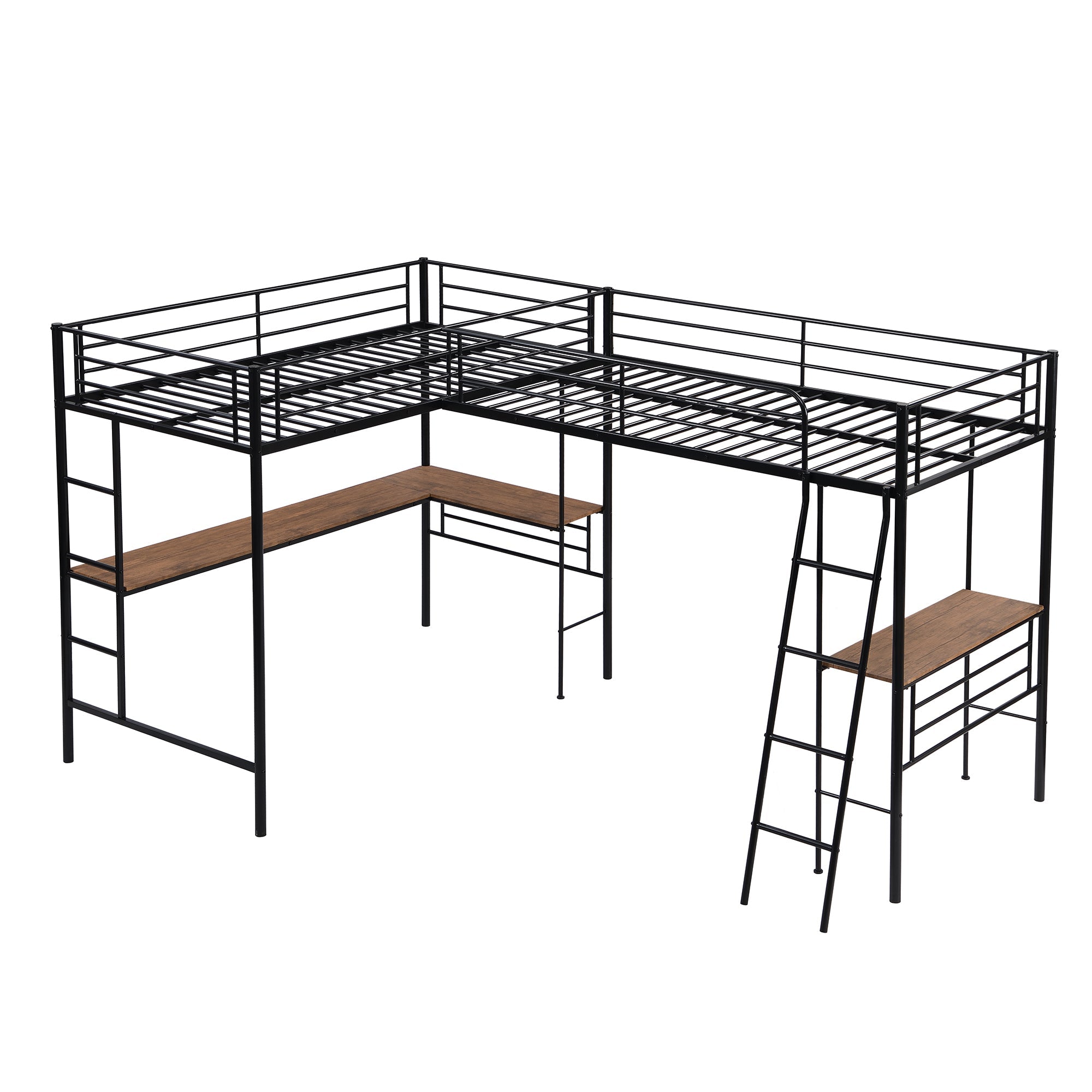 Metal L-Shaped Twin Size Loft Bed with Two Desk for Kids Bedroom, Black