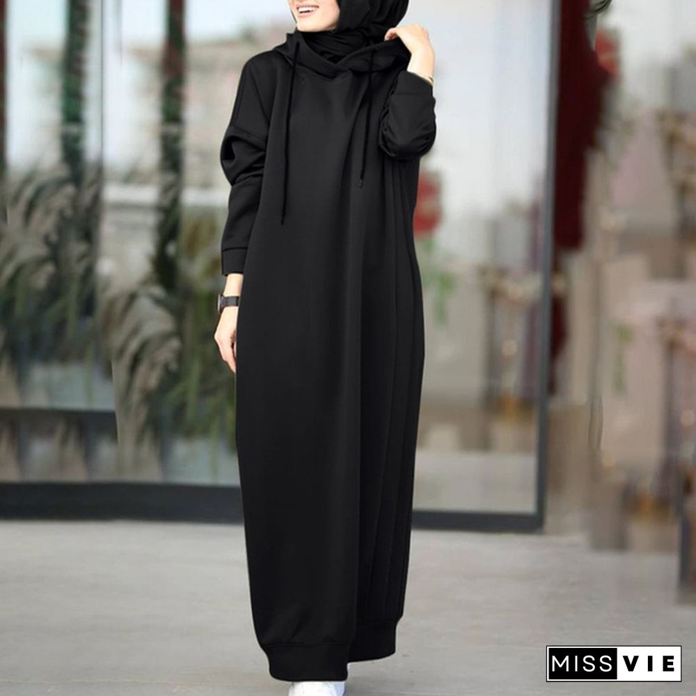 ZANZEA Women Autumn O Neck Solid Long Hooded Dress Baggy Bohemian Muslim Kaftan Abaya Maxi Dress Hoodies