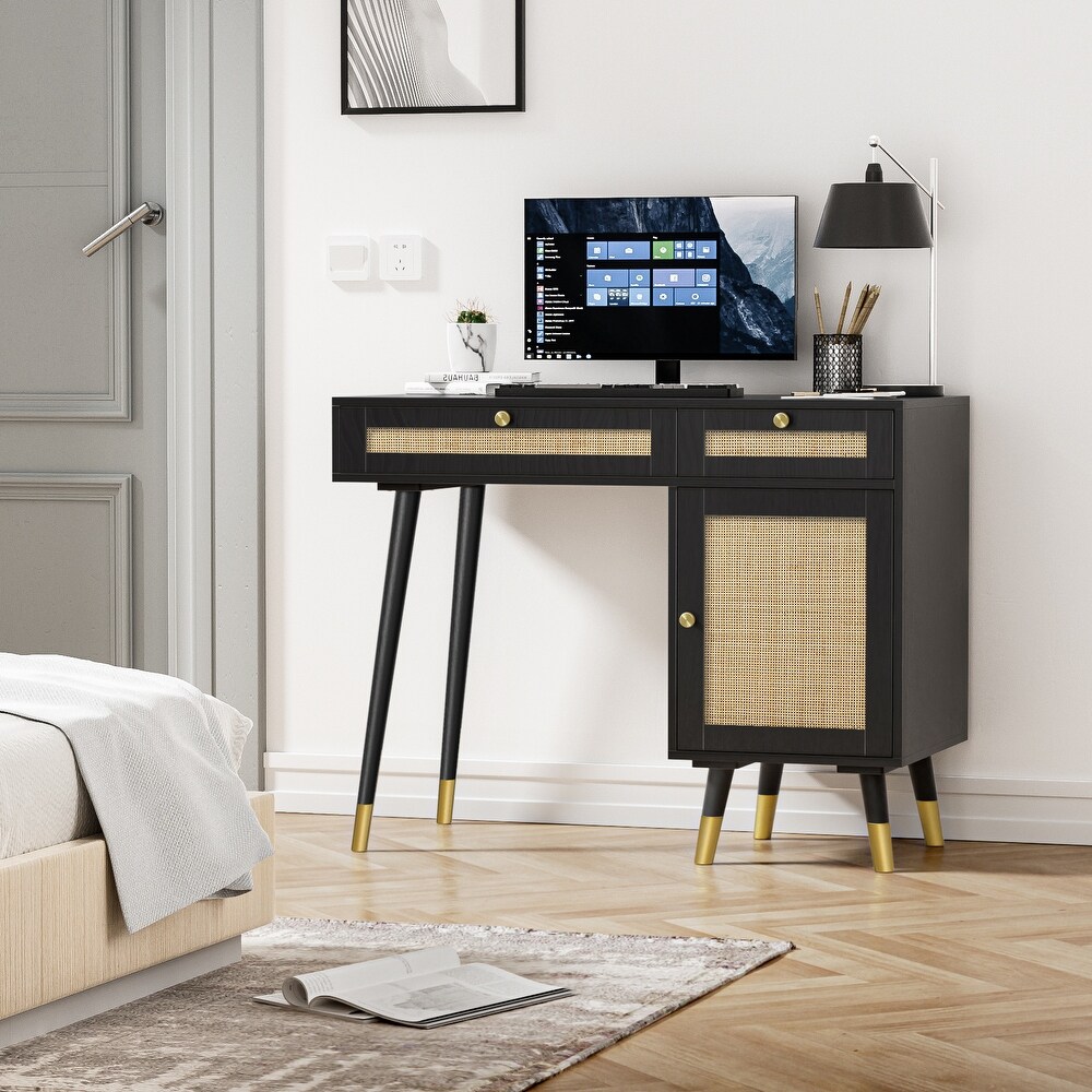 Farmhouse Rattan Computer Writing Desk   Black/Gold   39.4\