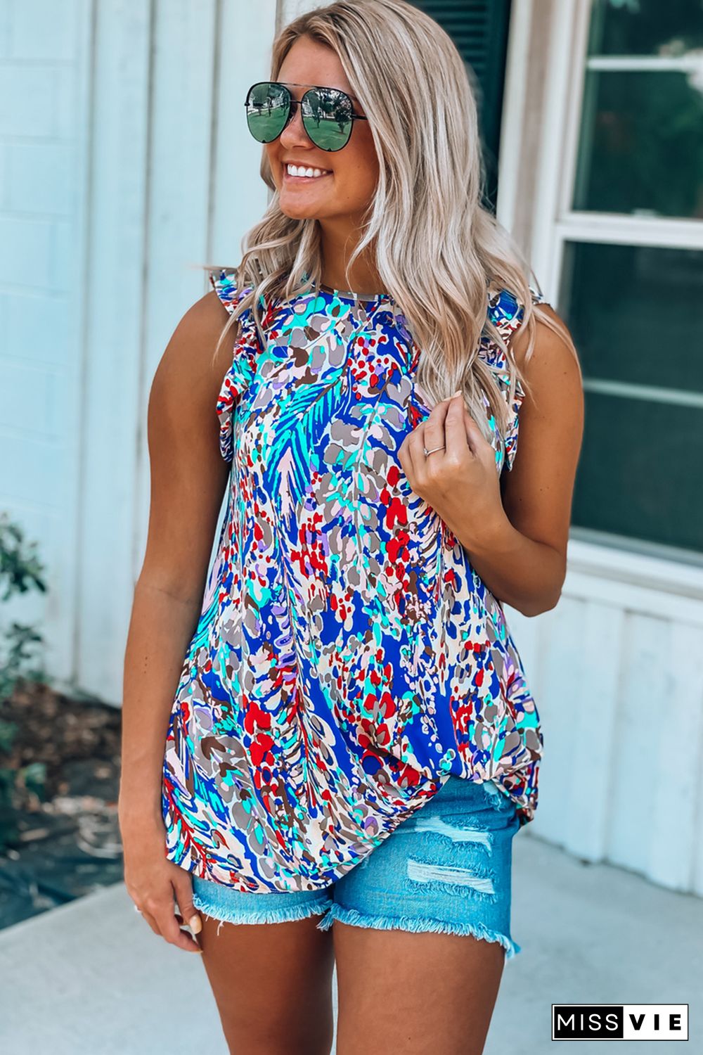 Blue Floral Print Tank Top with Ruffles