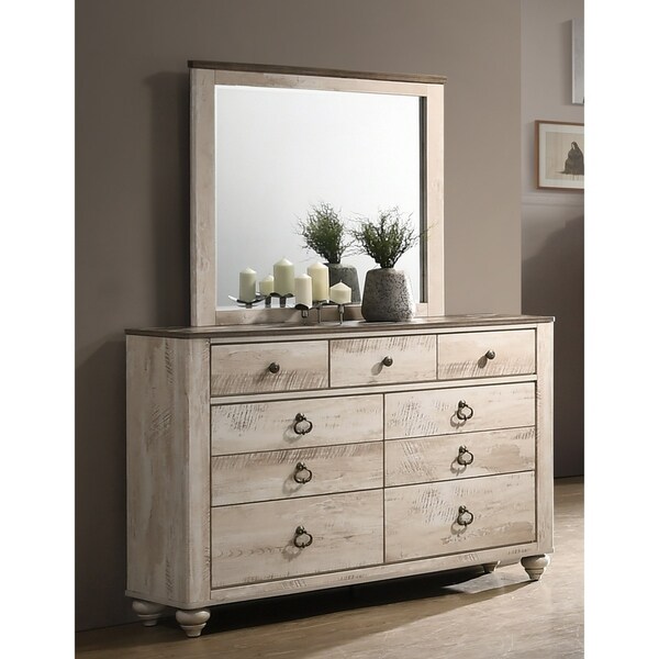 Roundhill Furniture Imerland Contemporary White Wash Patched Wood Top Dresser， Mirror - - 19781551