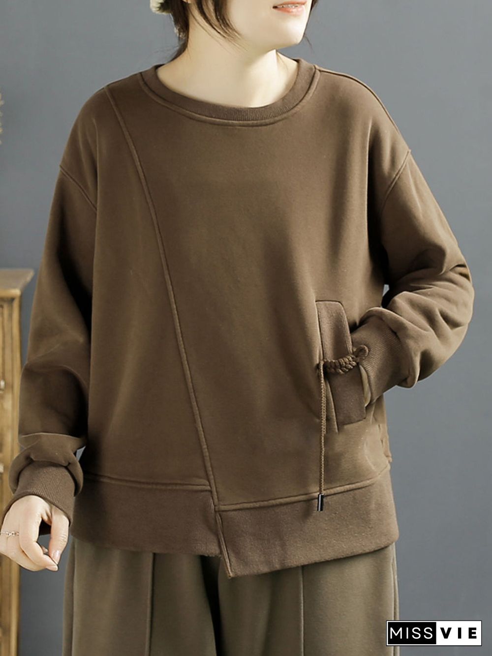 Women Winter Cotton Irregular Spliced Fleece-lined Sweatshirt