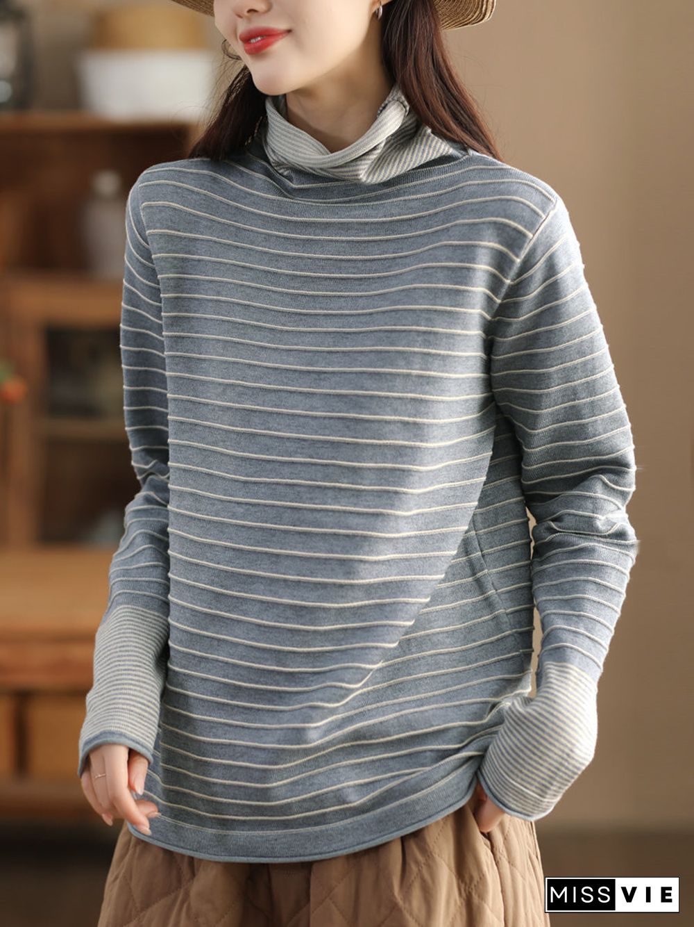 Women Casual Stripe Spliced Turtleneck Warm Sweatshirt