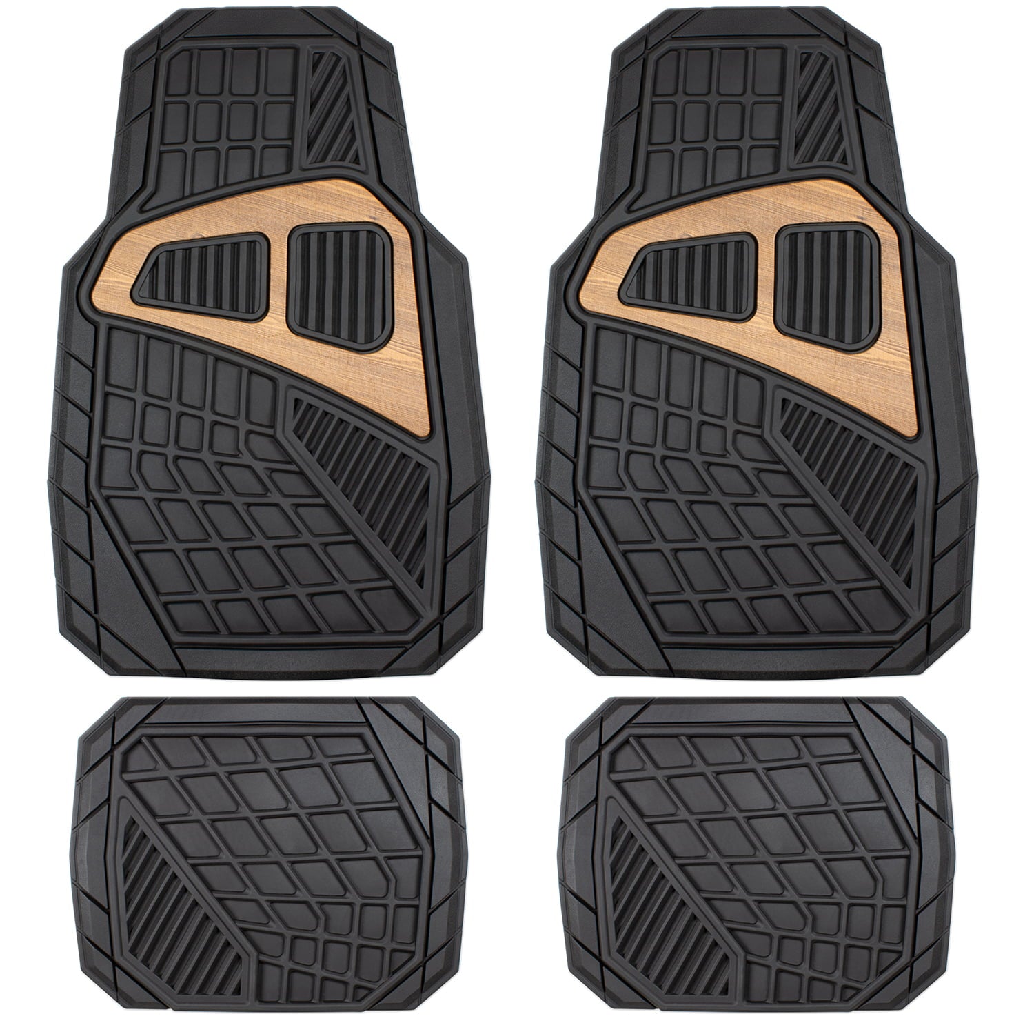 Auto Drive 4 Piece Rubber Floor Mat Black with Burlwood Accent， 80010WDI