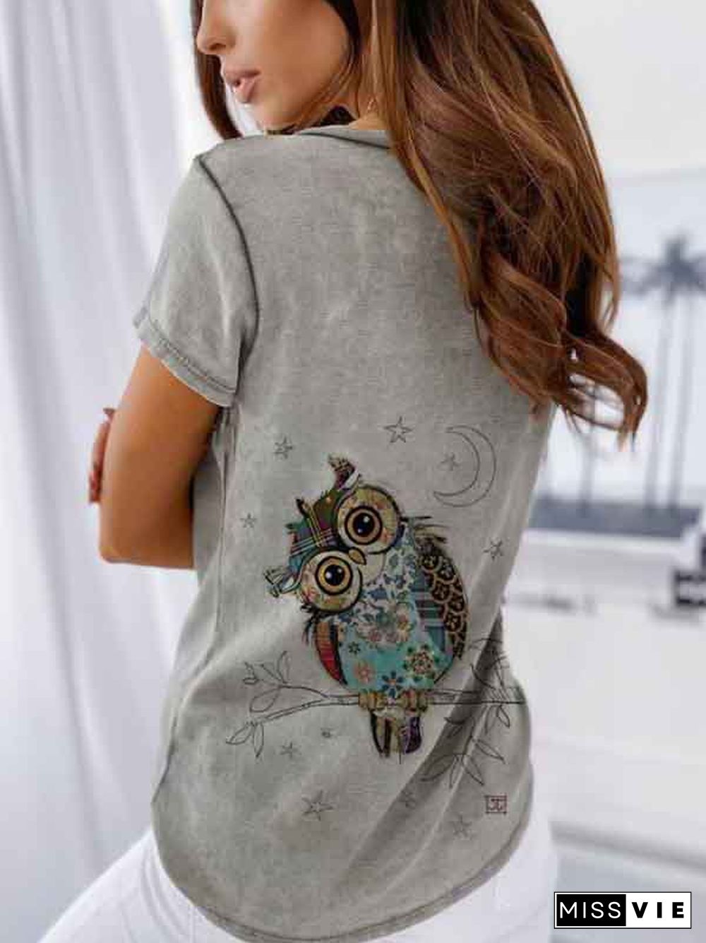 Gray Vintage V Neck Animal Cotton T-shirt