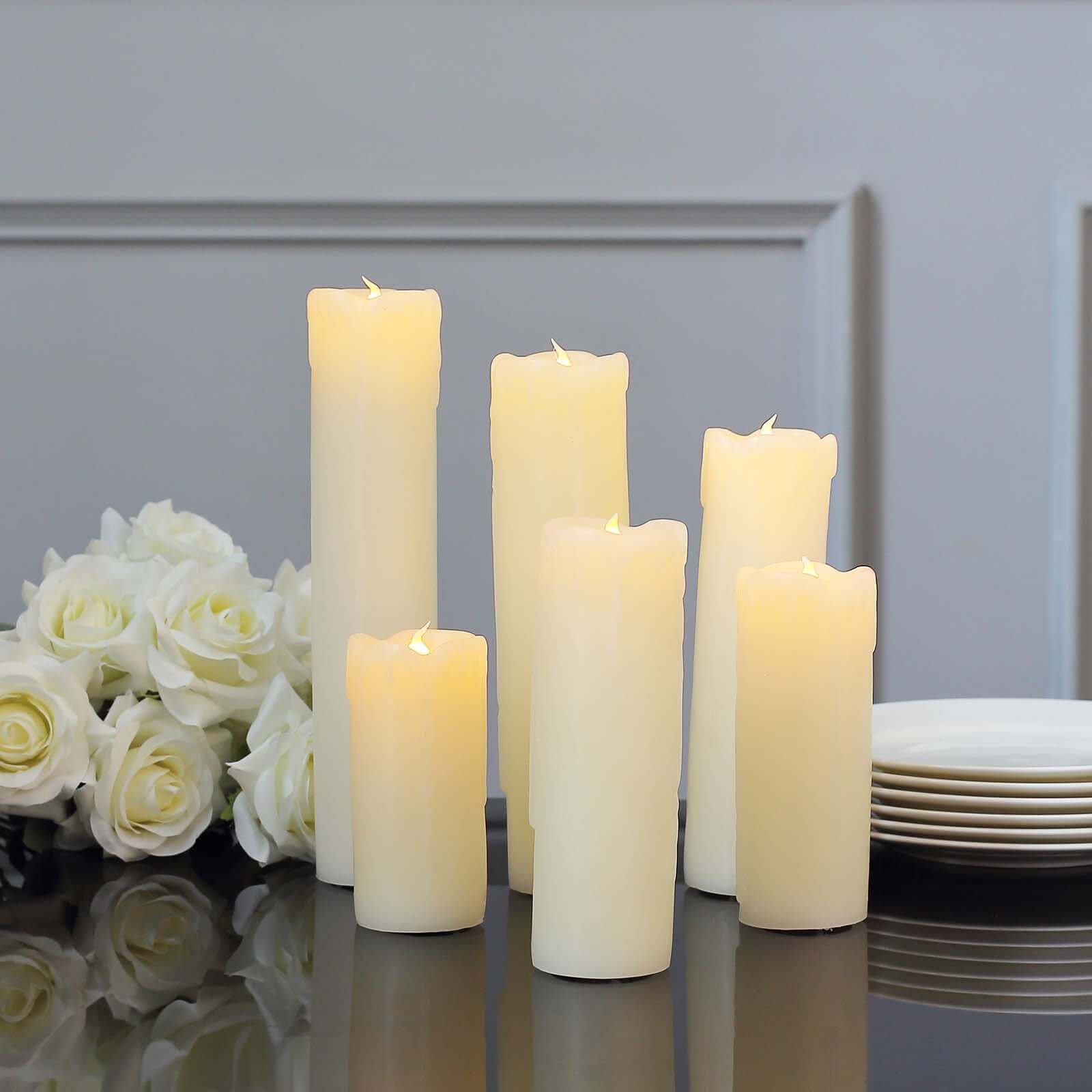 Set of 6 Warm White Flameless Flicker LED Drip Wax Pillar Candles, Battery Operated Luminaria Holiday Candles