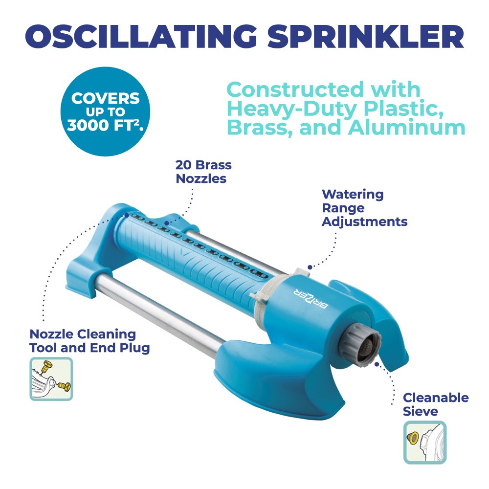 Brizer Oscillating Sprinkler Ranges up to 3，000 Sq. Ft. with Hose Adapter R2155 lawn sprinklers garden hose sprinklers