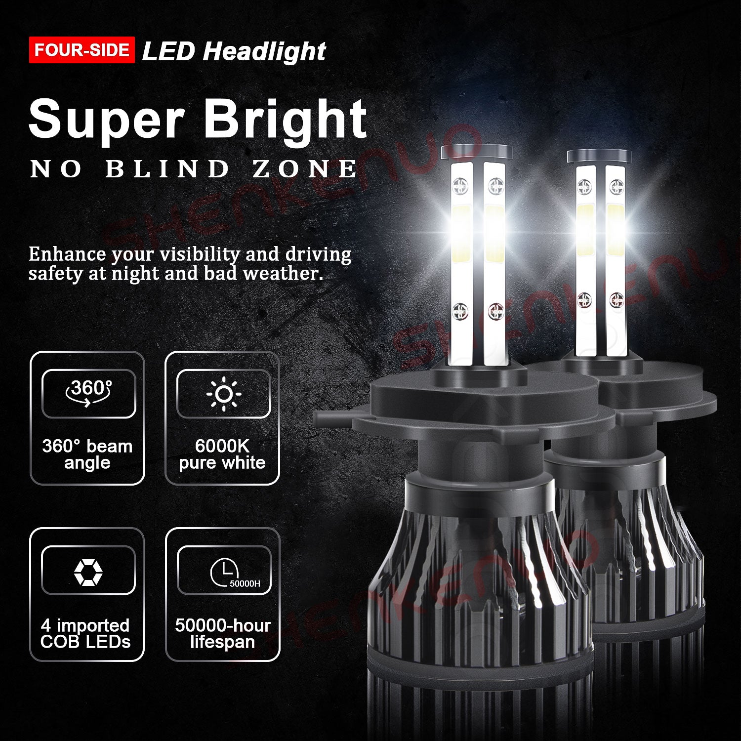 4 Sides H4 9003 HighandLow Beam for Mitsubishi Mirage 2014 2015 2016 2017 2018 2019 LED Headlight Bulbs 2pcs