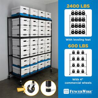 Fencer Wire Black 4-Tier Metal Garage Storage Shelving Unit with Casters and Leveling Feet (60 in. W x 24 in. D x 76 in. H) RWW-CH60244WBK