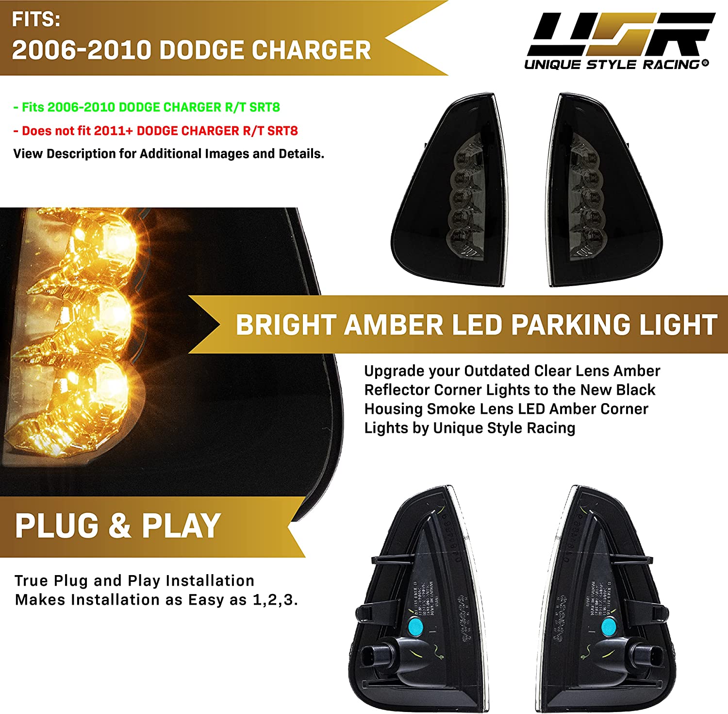 USR DEPO Charger Turn Signal Lights - andlt; LED UPGRADE andgt; Black / Smoke Front LED Corner Lamps (Left + RIght) Compatible with 2006-2010 Dodge Charger Sedan (Smoked Lens， Plug and Play Amber LED)