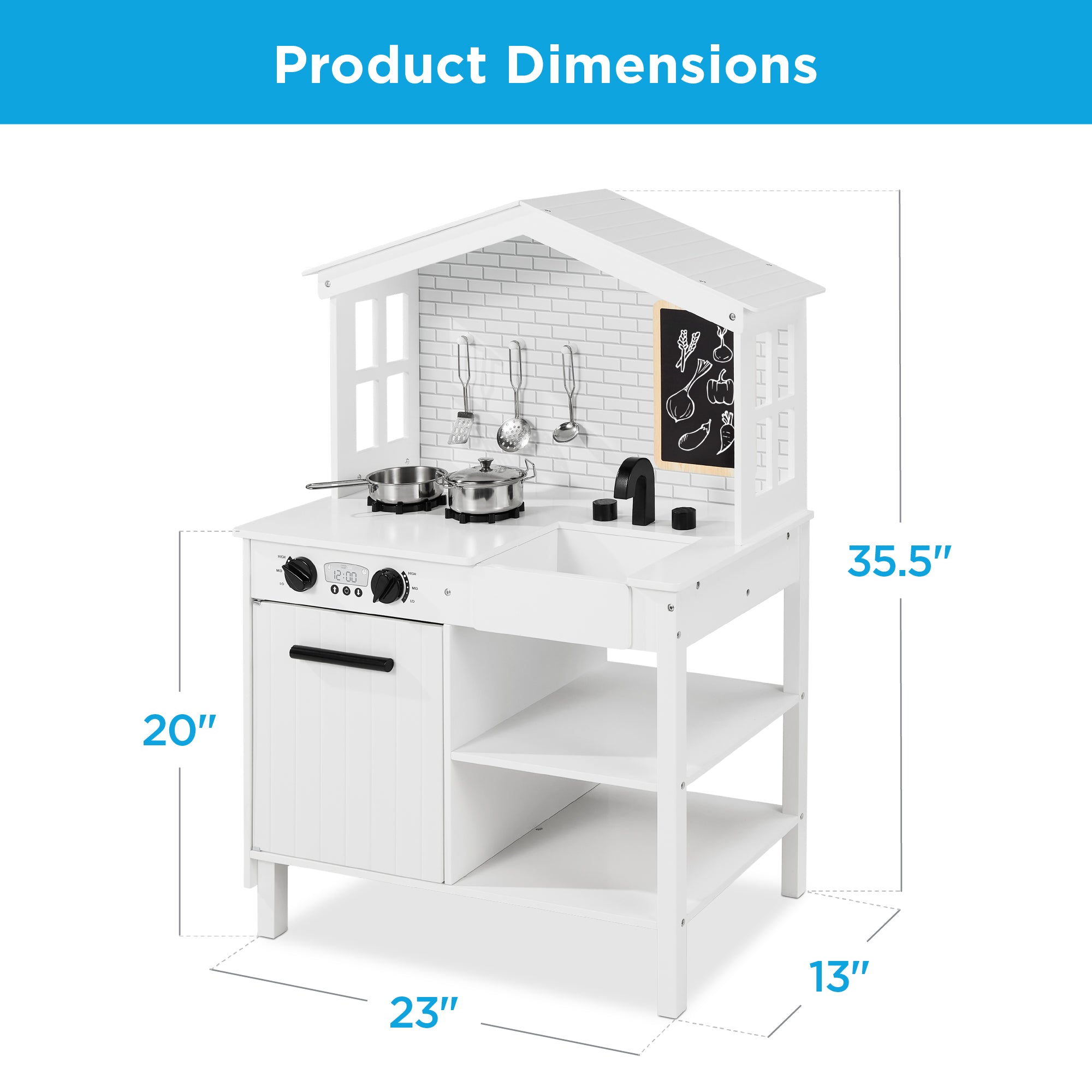 Best Choice Products Farmhouse Play Kitchen Toy, Wooden for Kids w/ Chalkboard, Storage Shelves, 5 Accessories - White