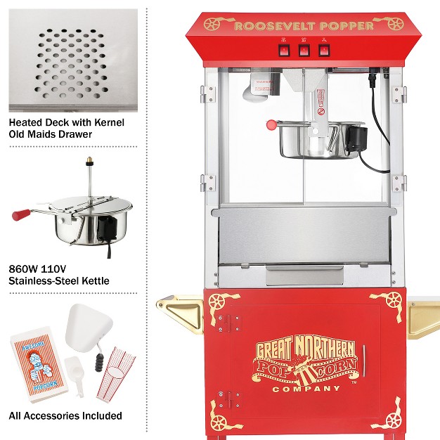 Great Northern Popcorn 8 Oz Roosevelt Popcorn Machine Stainless steel Kettle Heated Warming Deck Old Maids Drawer With Cart Red