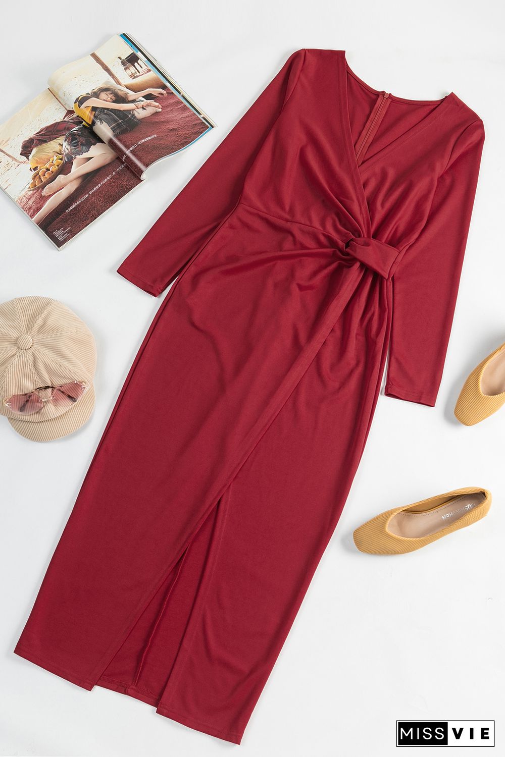 Wine Red Long Sleeve V Neck Twist Front Slit Long Dress