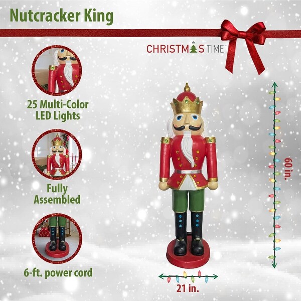 Christmas Time 5Ft. Nutcracker King Wearing a Crown，Resin Figurine w/ LED Lights，Christmas Holiday Decor，Red