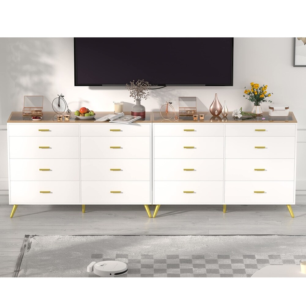 Dresser for Bedroom Modern 8 Drawer Dressers with Tempered Glass Top  Chests of Drawers with 2 Grid Drawer  Storage Organizer