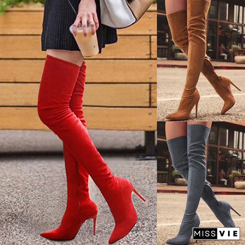 Women Winter Warm Long Boots Faux Suede Slim Thigh High Heels Fashion Over The Knee Boots