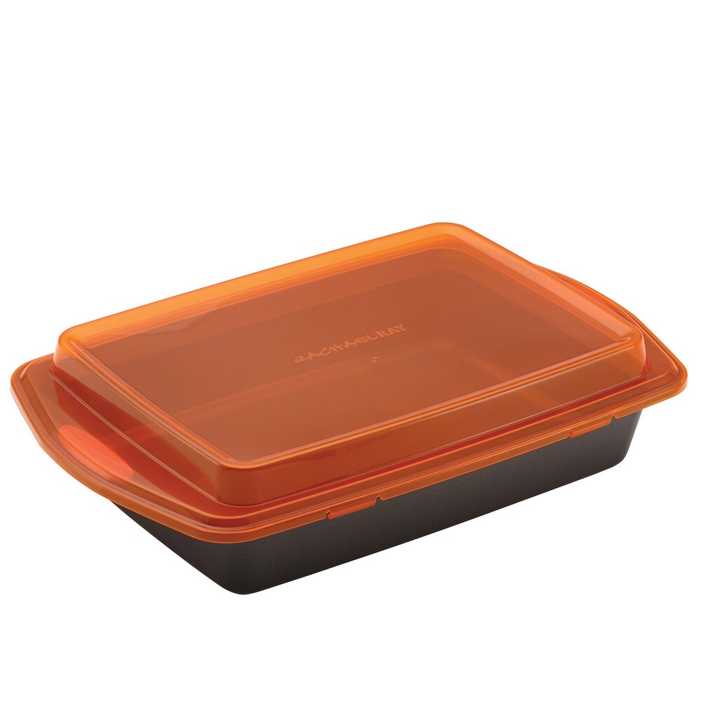 Rachael Ray Nonstick Bakeware 9 x 13 inch Grey with Orange Lid and Handles Covered Cake Pan