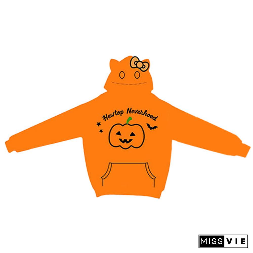 Pumpkin Letter Embroidery Pocketed Kitty Ears Plush Hoodie