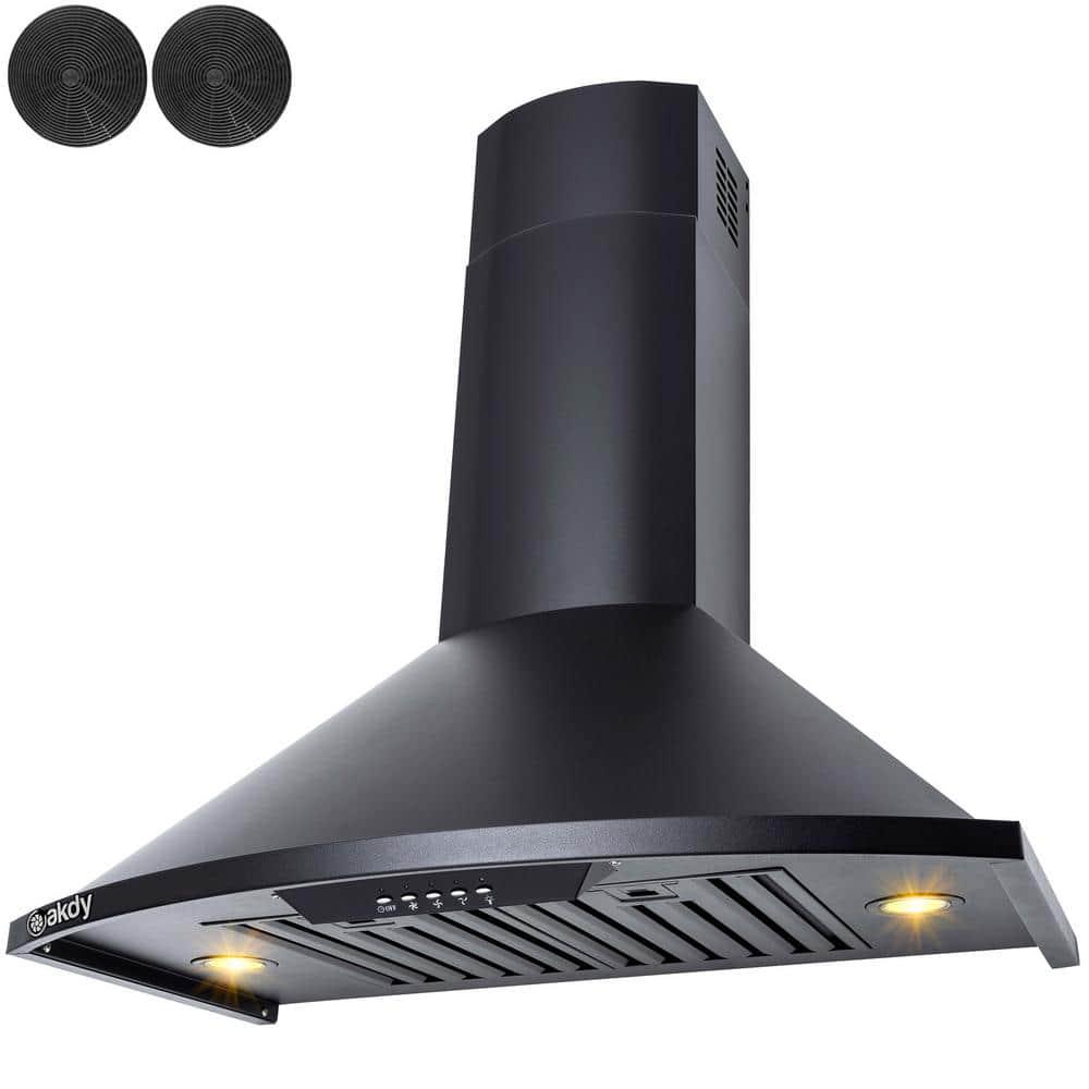 AKDY 30 in 343 CFM Convertible Wall Mount Kitchen Range Hood with Carbon Filters and LEDs in Black Painted Stainless Steel