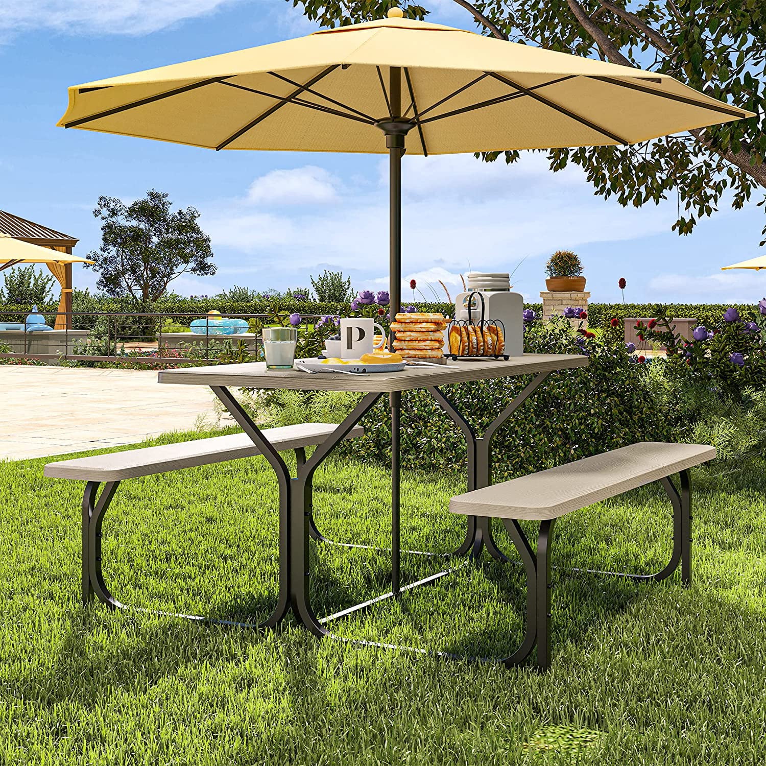 DWVO Picnic Table 6ft Heavy Duty Outdoor Picnic Table and Bench Resin Tabletop and Stable Steel Frame w/Umbrella Hole for Yard Patio Lawn Party Light Brown