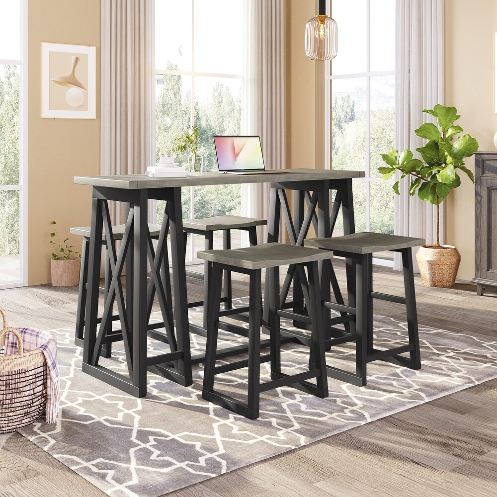 Rustic Counter Height 5 Piece Dining Set with Solid Wood Console Table and Stools