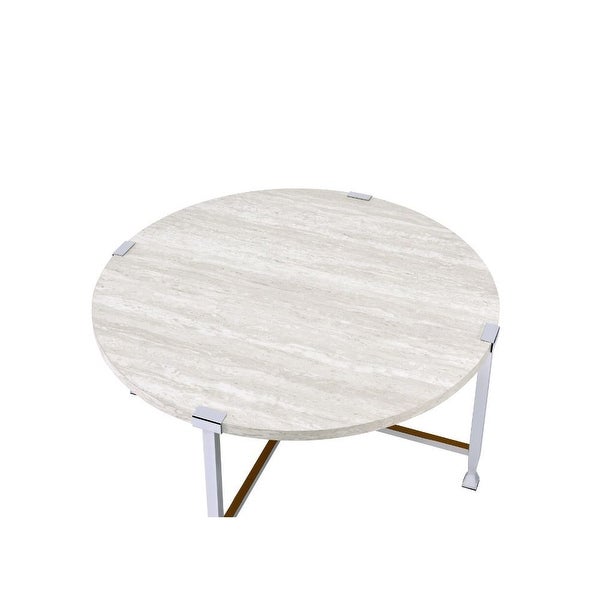 Coffee Table， White Oak andChrome Round Coffee Table : NO Storage Wooden Top， Metal Frame Leg with X-Shape Support Wooden Top