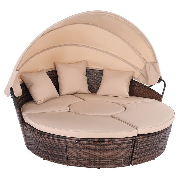 Outdoor Sectional PE Wicker Daybed with Cushions and Sun Canopy