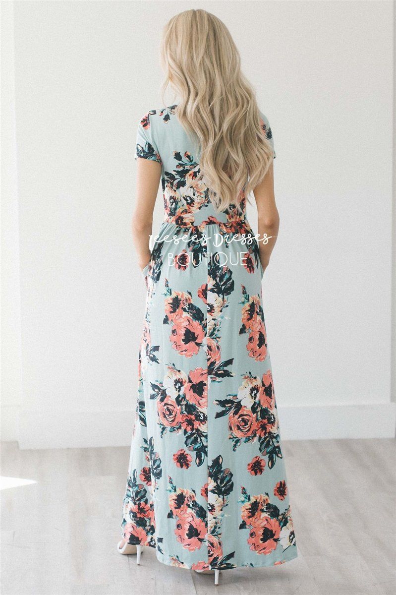 Mint Watercolor Short Sleeve Maxi Dress