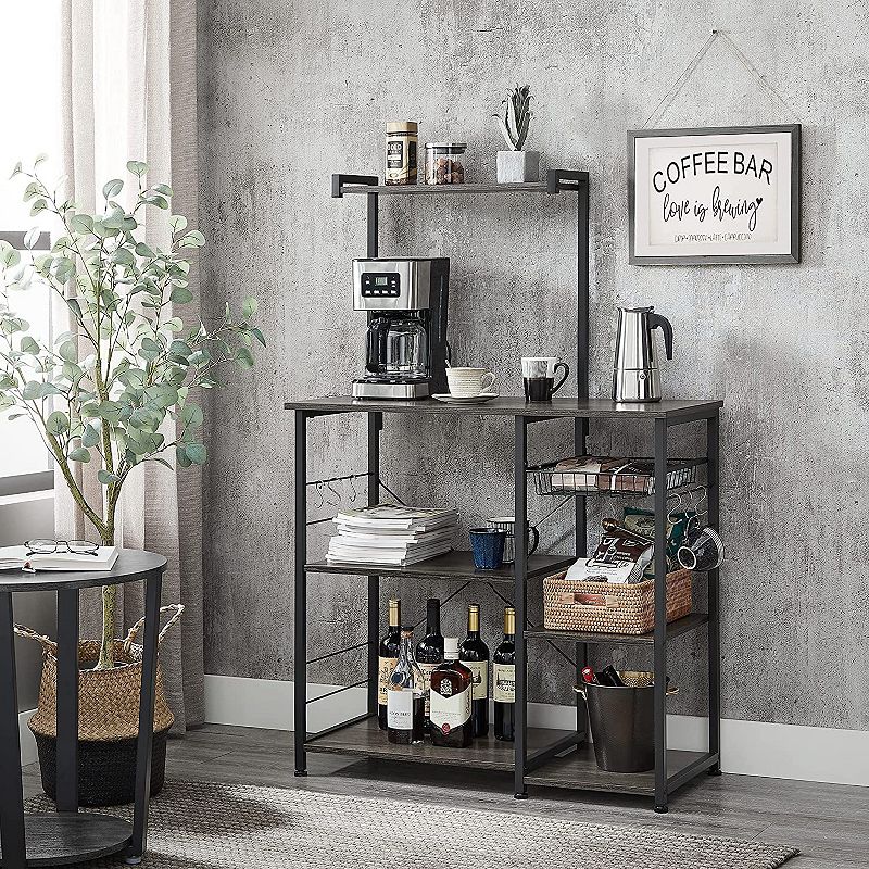 Baker’s Rack With Shelves， Kitchen Shelf With Wire Basket， 6 S-hooks， Microwave Oven Stand