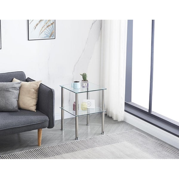 Glass End Table for Living Room 2-Tier Clear Glass Sofa Side Table Small Accent Coffee Table Square Bedside Table