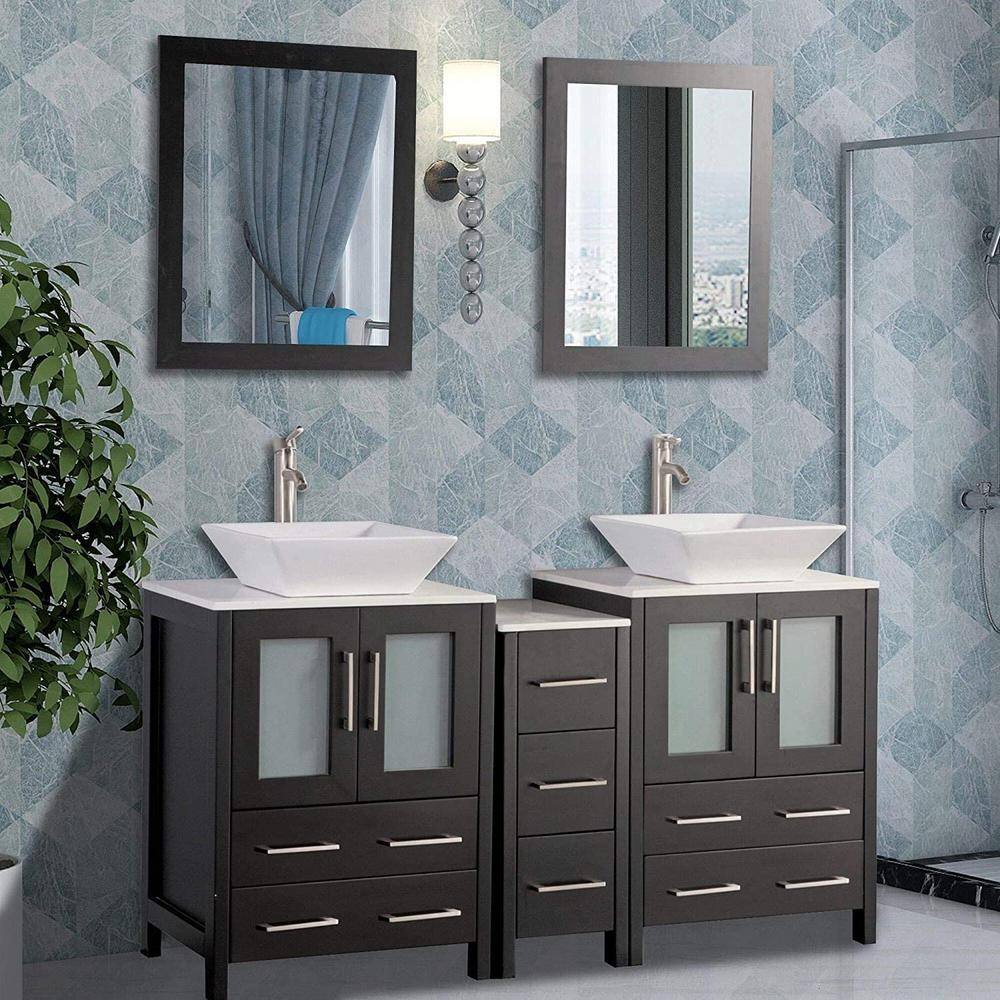 Vanity Art Ravenna 60 in. W Bathroom Vanity in Espresso with Double Basin in White Engineered Marble Top and Mirror VA3124-60E