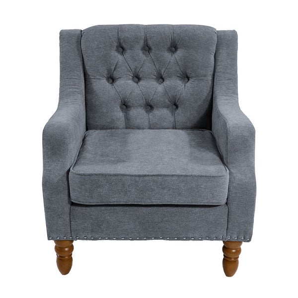 Button Tufted Upholstered Arm Accent Chair with Vintage Studs， Grey