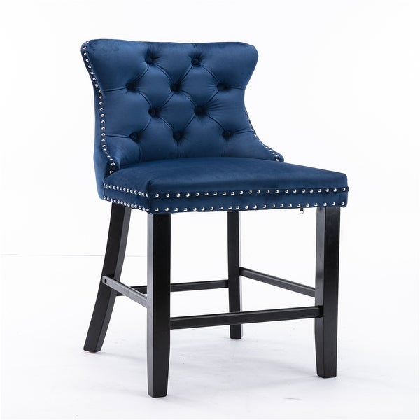 Velvet Upholstered Barstools with Button Tufted Decoration and Wooden Legs