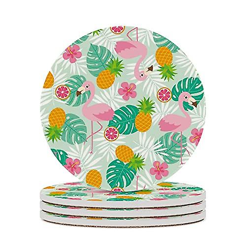 Round Drink Coasters 2 Pcs Cute Flamingo And Tropical Elements Absorbent Ceramic Coaster With Cork Base For Coffee Cups Housewarming Gift For Home Dec