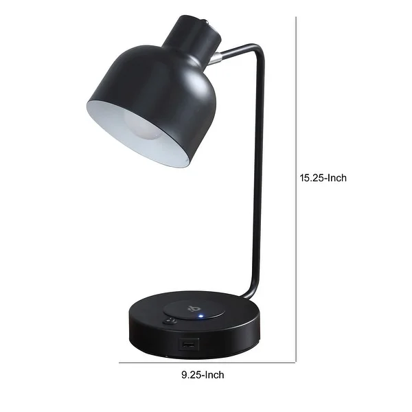 15 Inch Metal Table Lamp， Adjustable Shade， Wireless Charging， Black