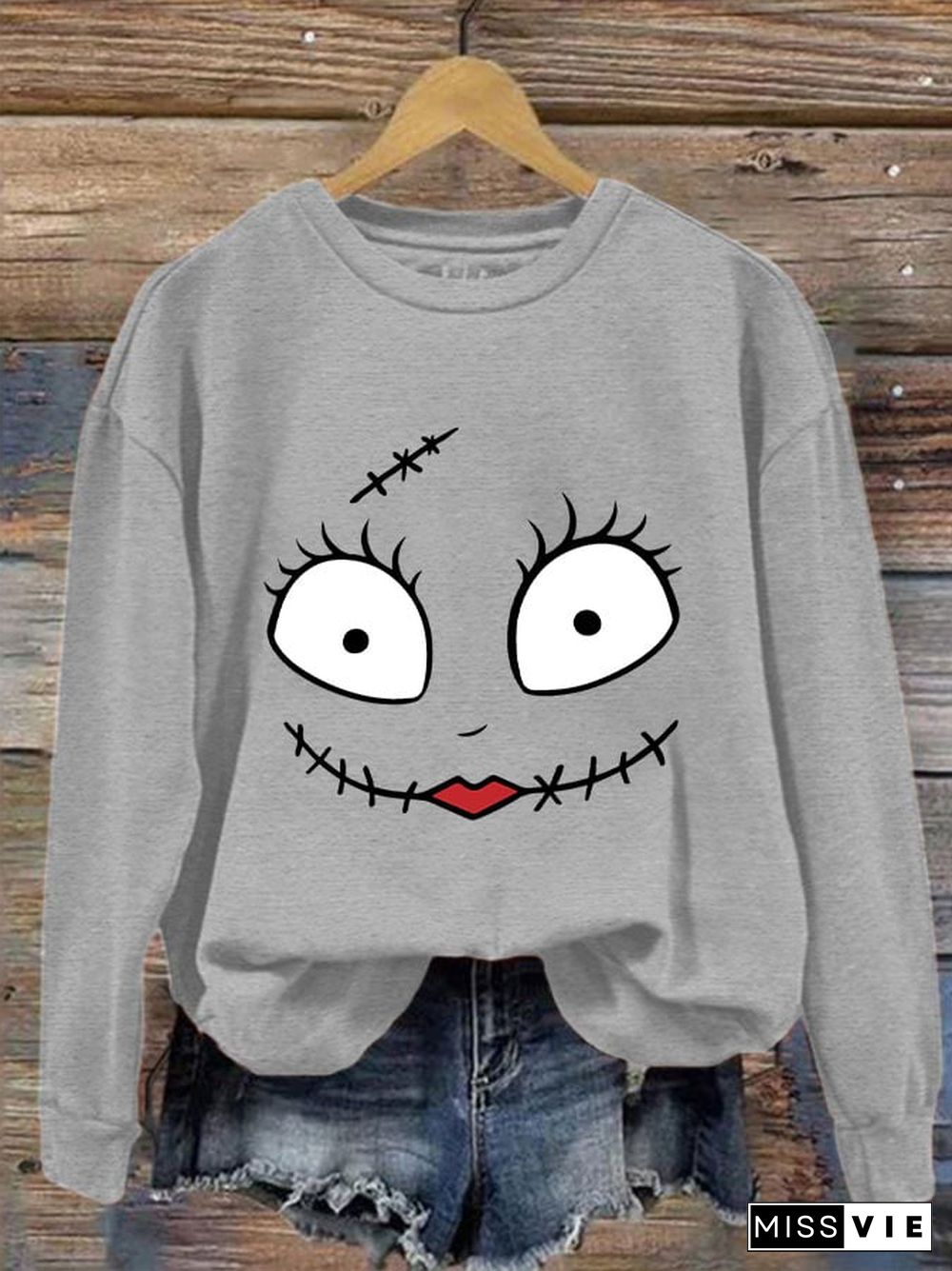 Women's Halloween Sally Happy Face Funny Sweatshirt