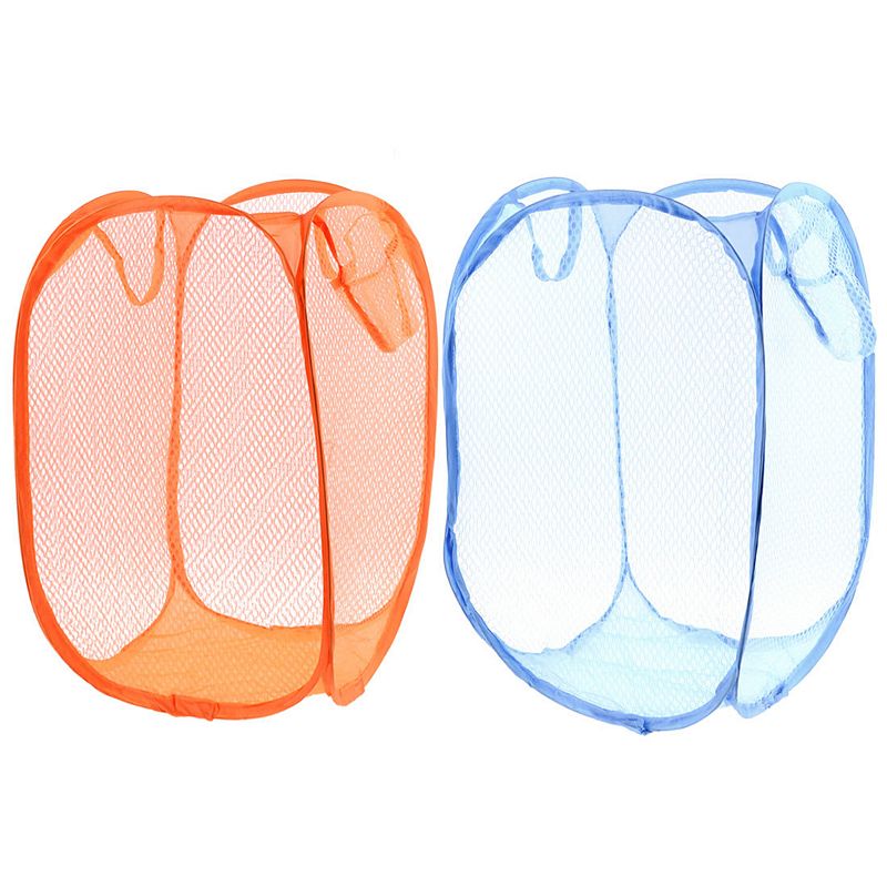 2pcs Orange Blue Folding Laundry Clothes Storage Basket Hamper w Hand Strap