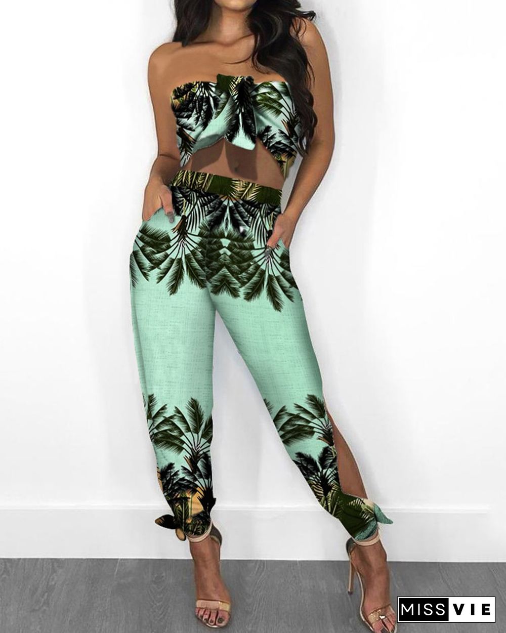 Tropical Print Bandeau Knotted Top & Slit Pants Set