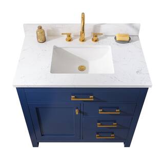 SUDIO Jasper 36 in. W x 22 in. D Bath Vanity in Navy Blue with Engineered Stone Vanity in Carrara White with White Basin Jasper-36NB