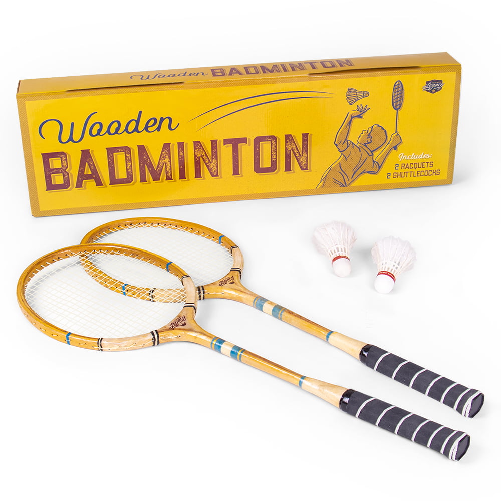 Crown Sporting Goods Vintage Wooden Badminton Set， Classic Outdoor Lawn Game For Backyard Family Fun， Includes 2 Solid Wood Racquets and Premium Feather Shuttlecocks